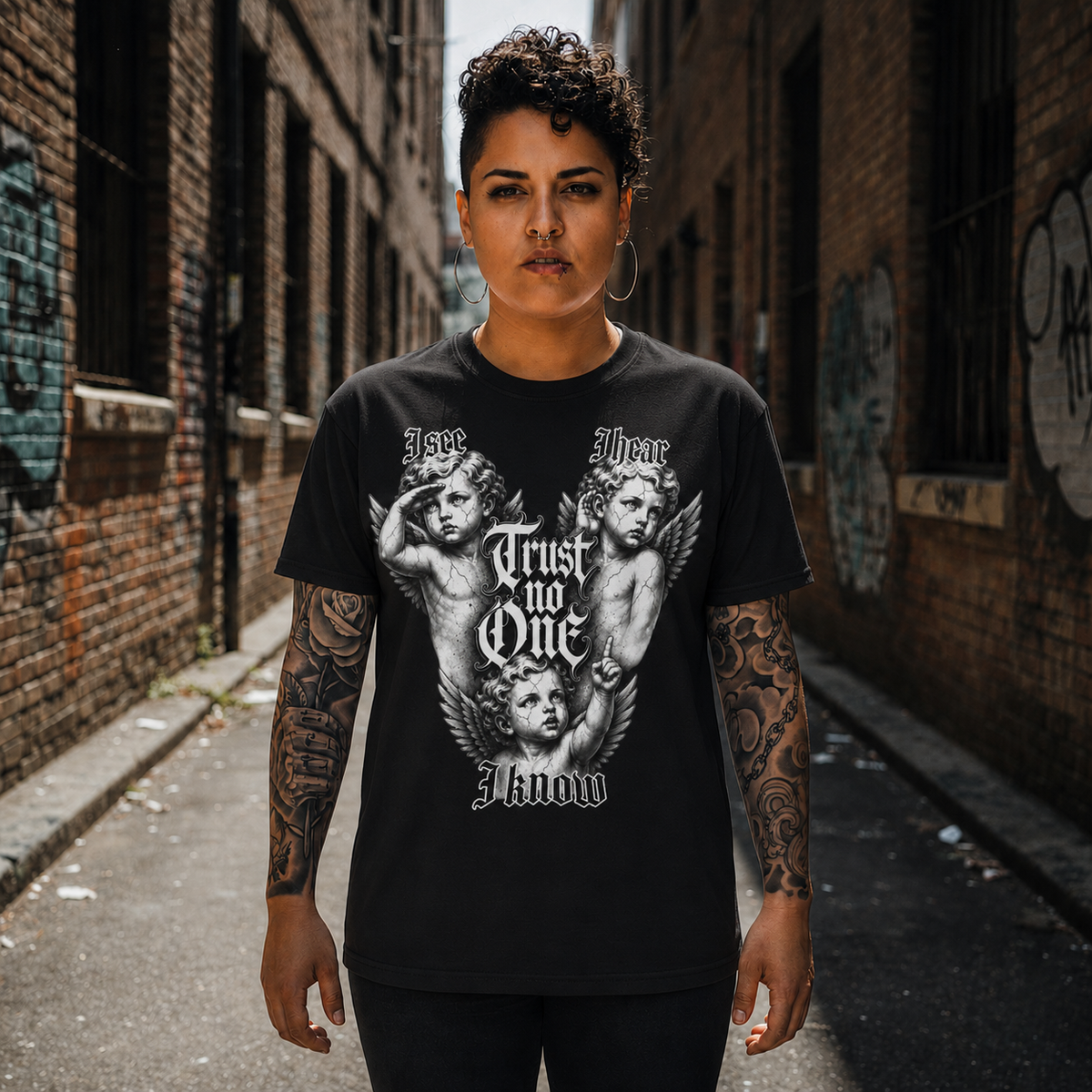 T‑Shirt — Gothic Cherubs 'I See I Hear I Know Trust No One' Vintage Angel Tee