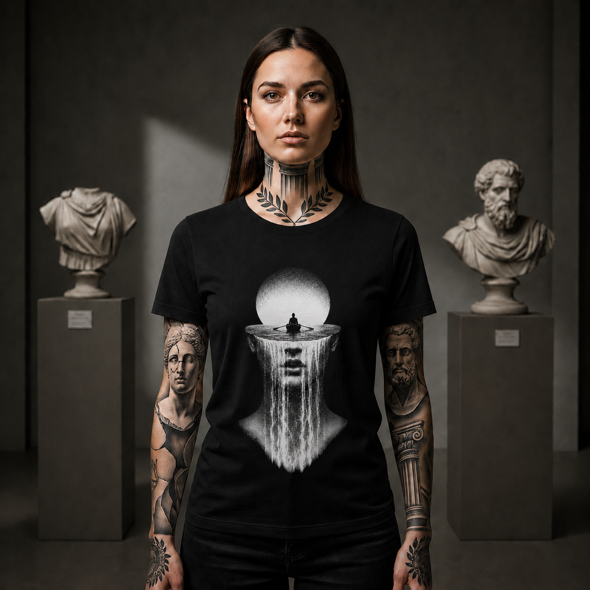 Meditative Waterfall Head Tee — Surreal Mindfulness Graphic T-Shirt
